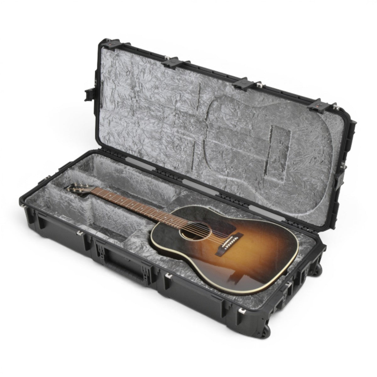 SKB Cases iSeries waterproof dreadnought guitar case with sunburst acoustic guitar and platinum plush interior