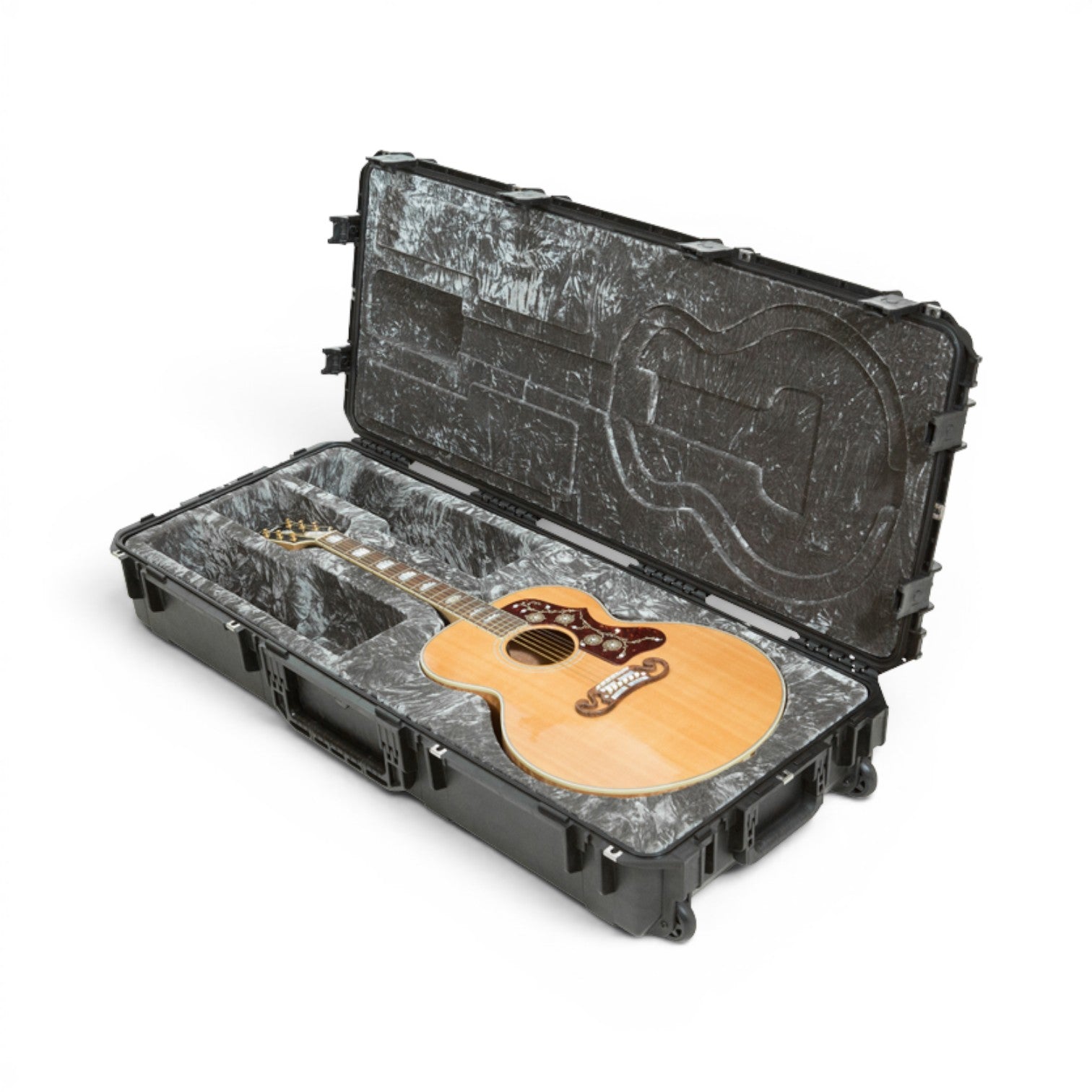 SKB Cases iSeries waterproof jumbo acoustic guitar case with black polypropylene shell and plush grey interior lining.