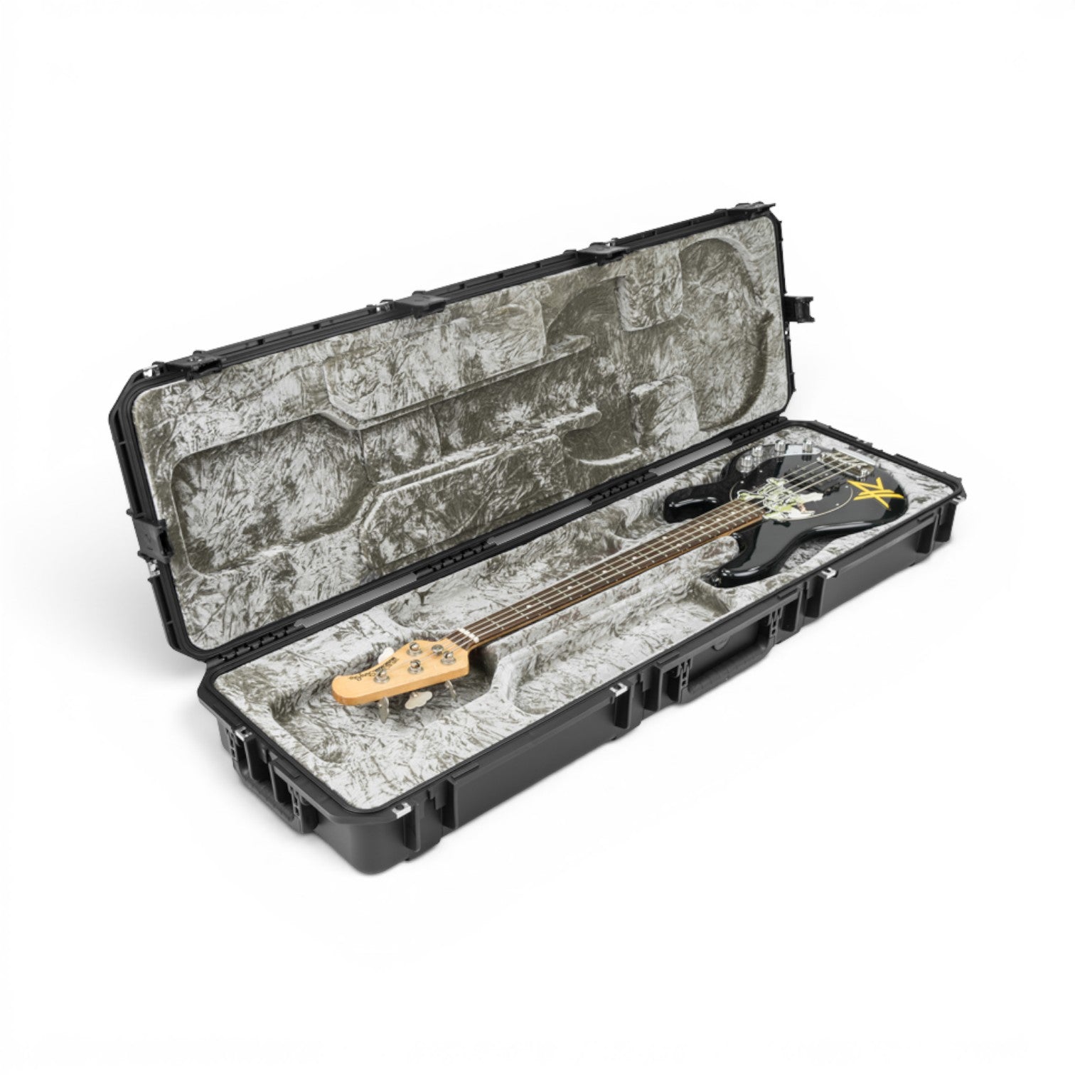 SKB Cases iSeries waterproof bass guitar case with platinum plush interior holding a black StingRay bass guitar