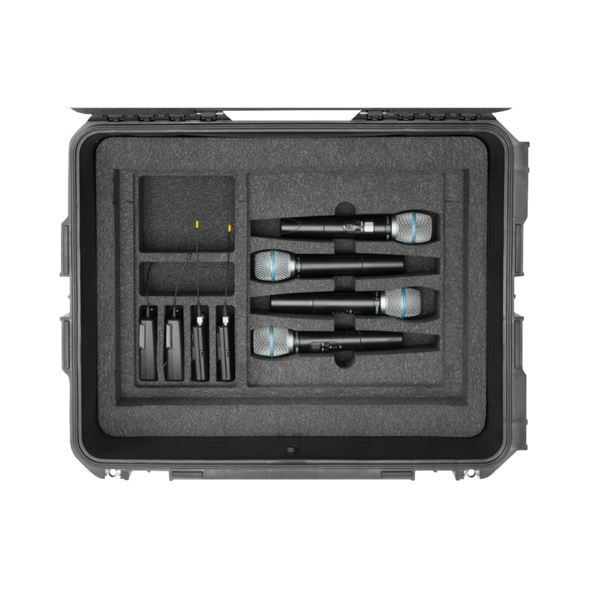 SKB Cases 2U iSeries wireless mic fly rack with foam inserts for four handheld microphones and four body packs.