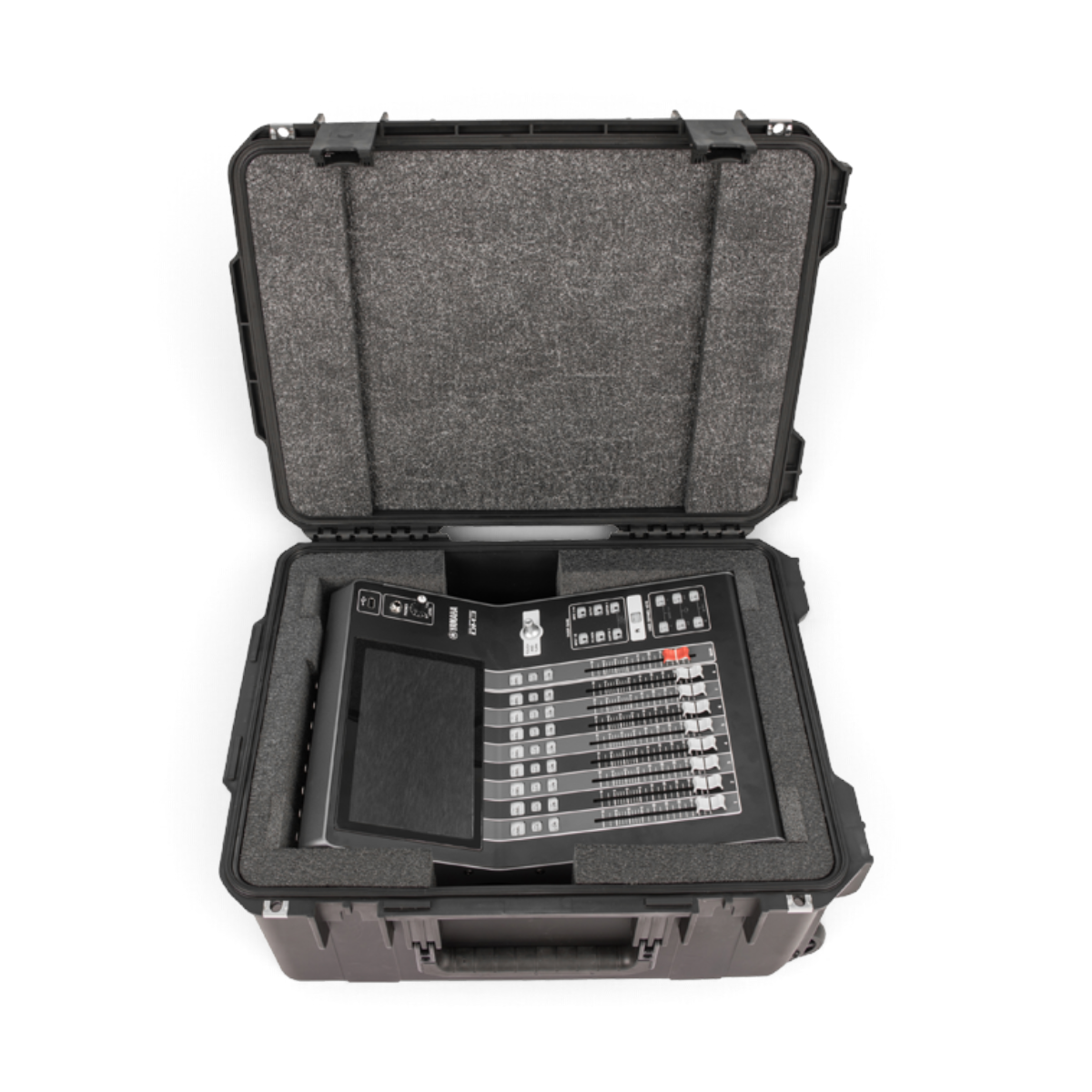 SKB Cases iSeries waterproof hard case with custom foam interior holding a Yamaha DM3 digital mixer