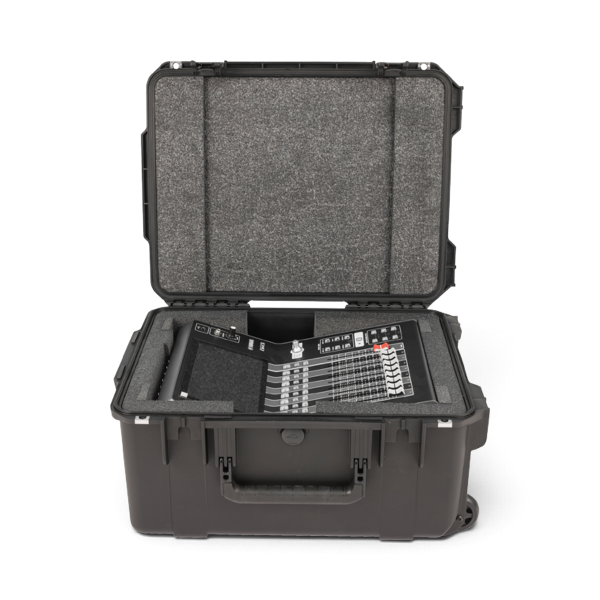 SKB Cases iSeries waterproof hard case with custom foam interior holding a Yamaha DM3 digital mixer