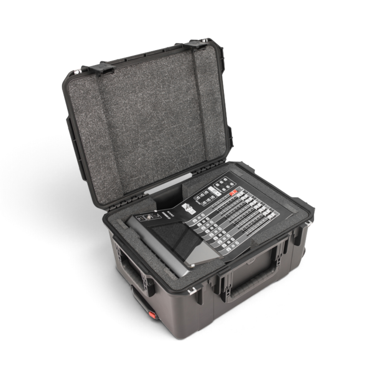 SKB Cases iSeries waterproof hard case with custom foam interior holding a Yamaha DM3 digital mixer