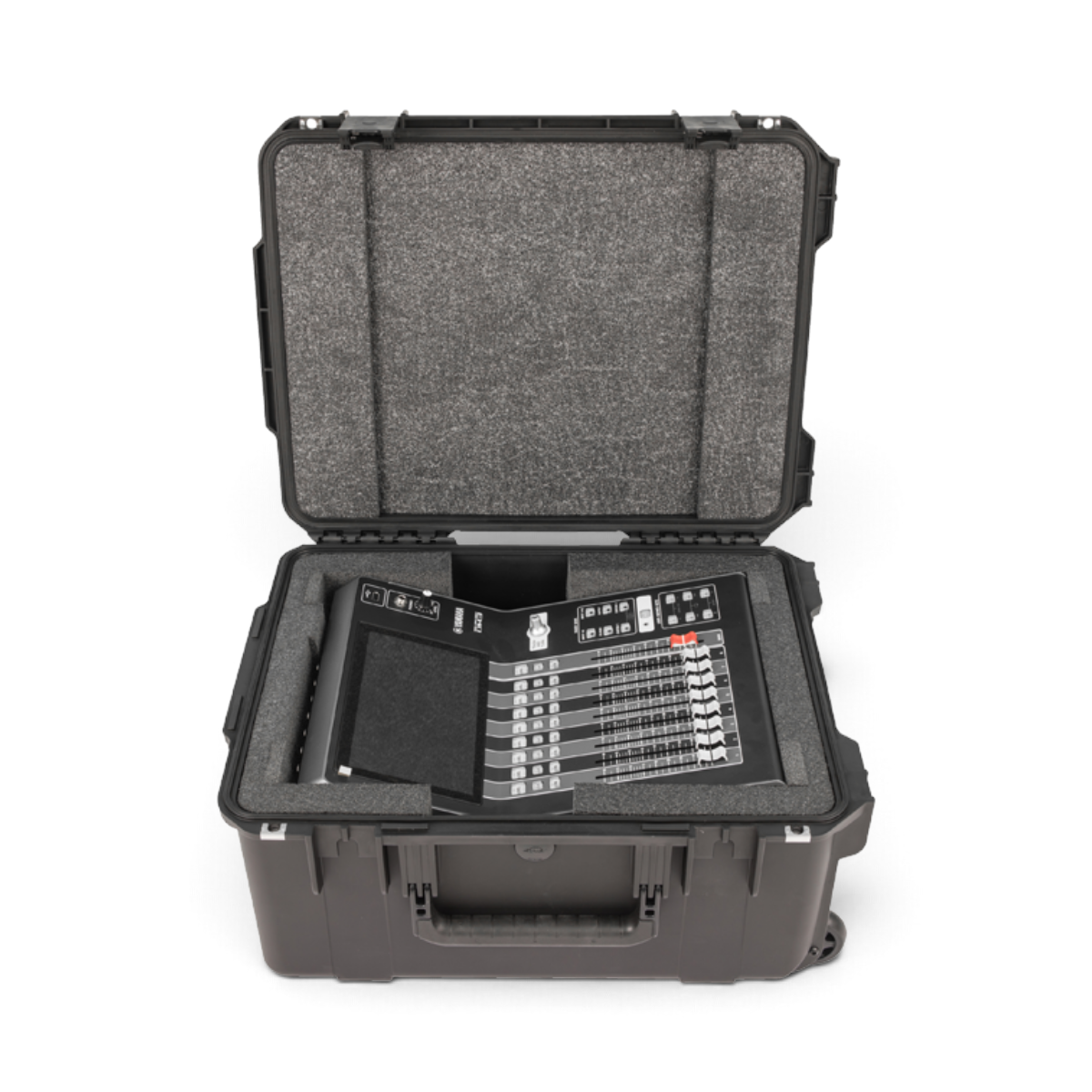 SKB Cases iSeries waterproof hard case with custom foam interior holding a Yamaha DM3 digital mixer
