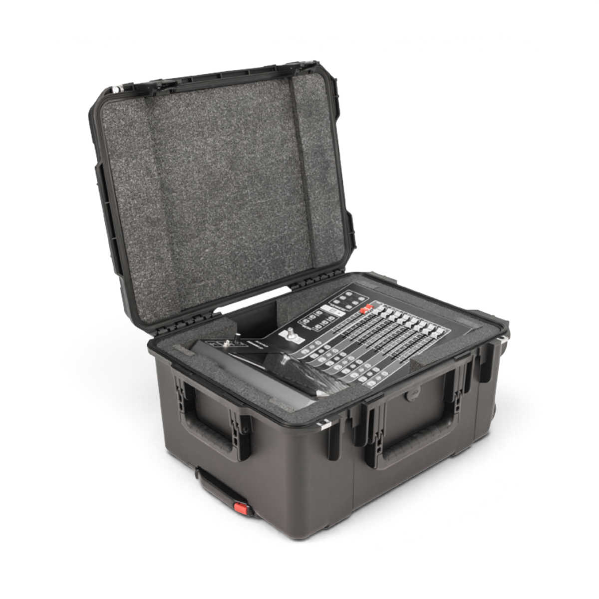 SKB Cases iSeries waterproof hard case with custom foam interior holding a Yamaha DM3 digital mixer