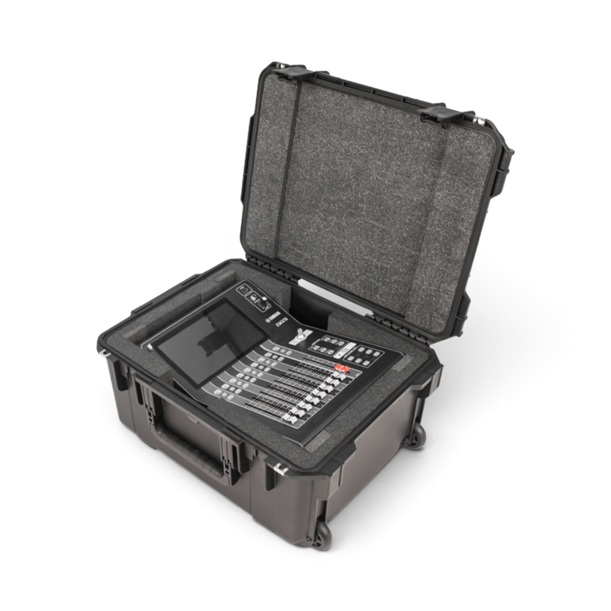 SKB Cases iSeries waterproof hard case with custom foam interior holding a Yamaha DM3 digital mixer