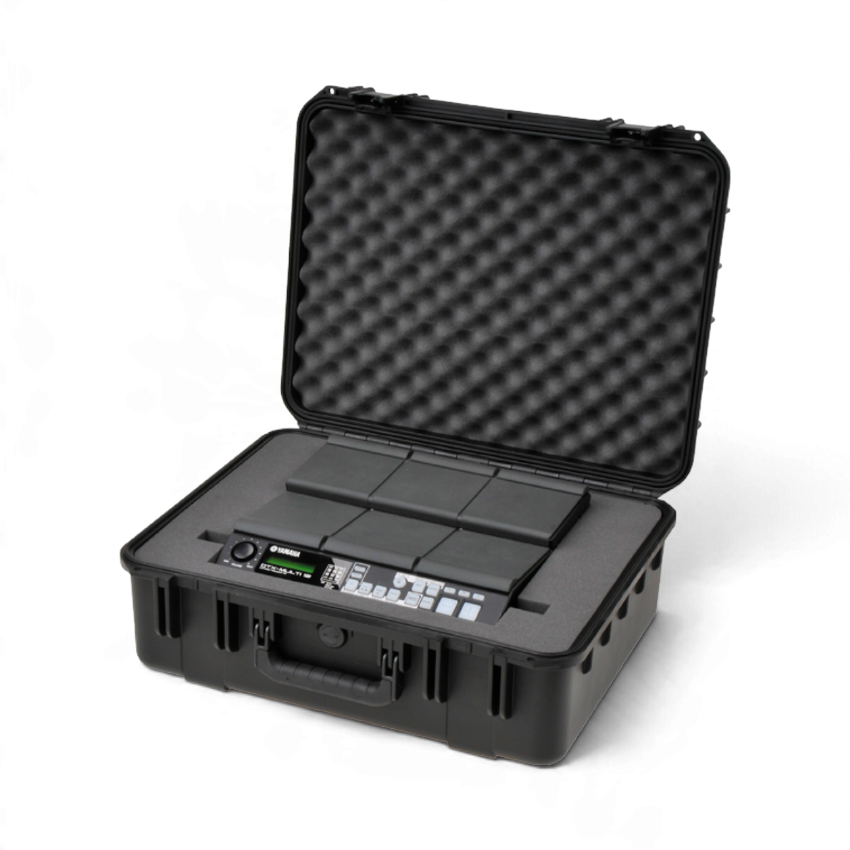 SKB Cases iSeries waterproof hard case containing a Yamaha DTX-MULTI 12 electronic percussion pad with foam interior