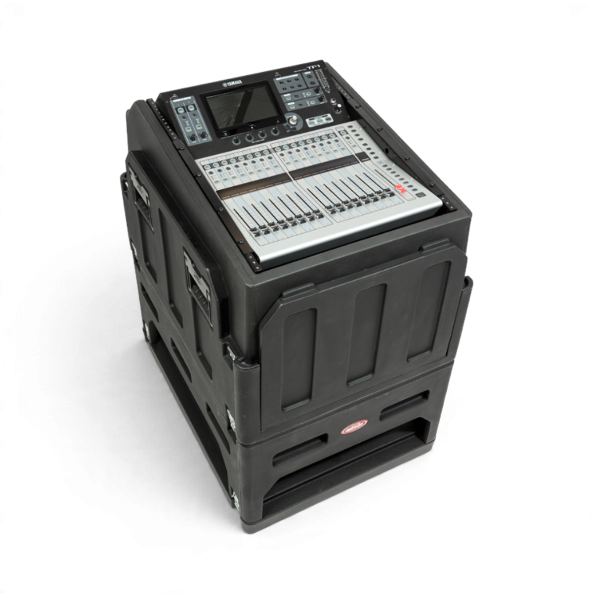 SKB Cases steel rack ears mounting a Yamaha TF1 mixer into a black gig case for secure transport and storage.