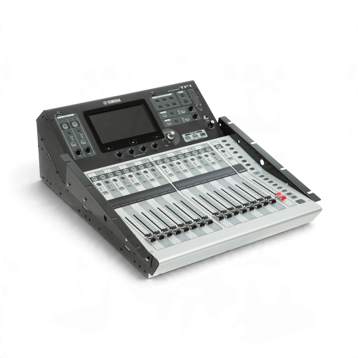 SKB Cases steel rack ears attached to a Yamaha TF1 digital mixer for secure mounting in compatible flight cases.