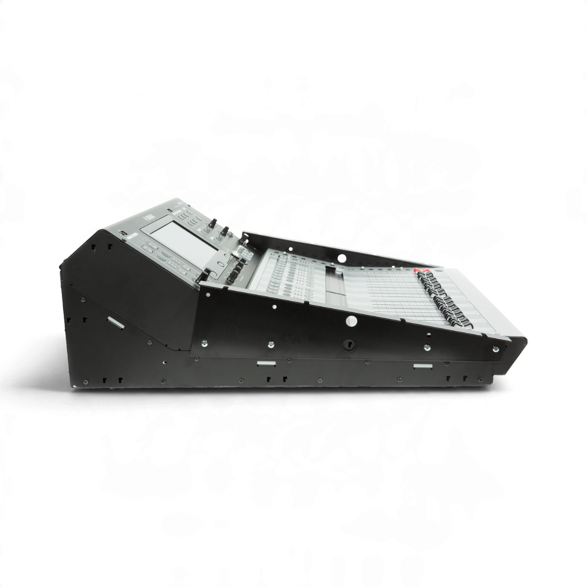 SKB Cases steel rack ears mounted on a Yamaha TF1 mixer, side view showing low-profile fit for gig cases.