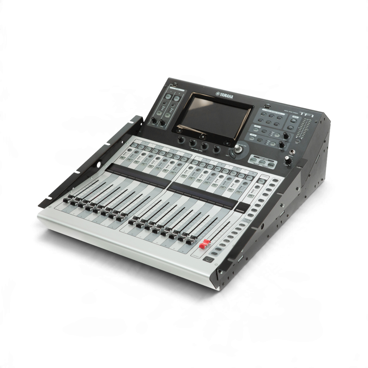 SKB Cases steel rack ears attached to a Yamaha TF1 digital mixer for mounting in a gig case