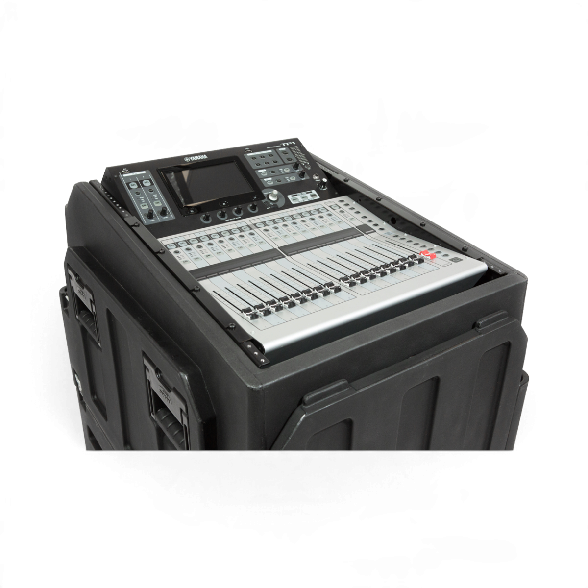 SKB Cases steel rack ears mounting a Yamaha TF1 digital mixer into a black protective flight case