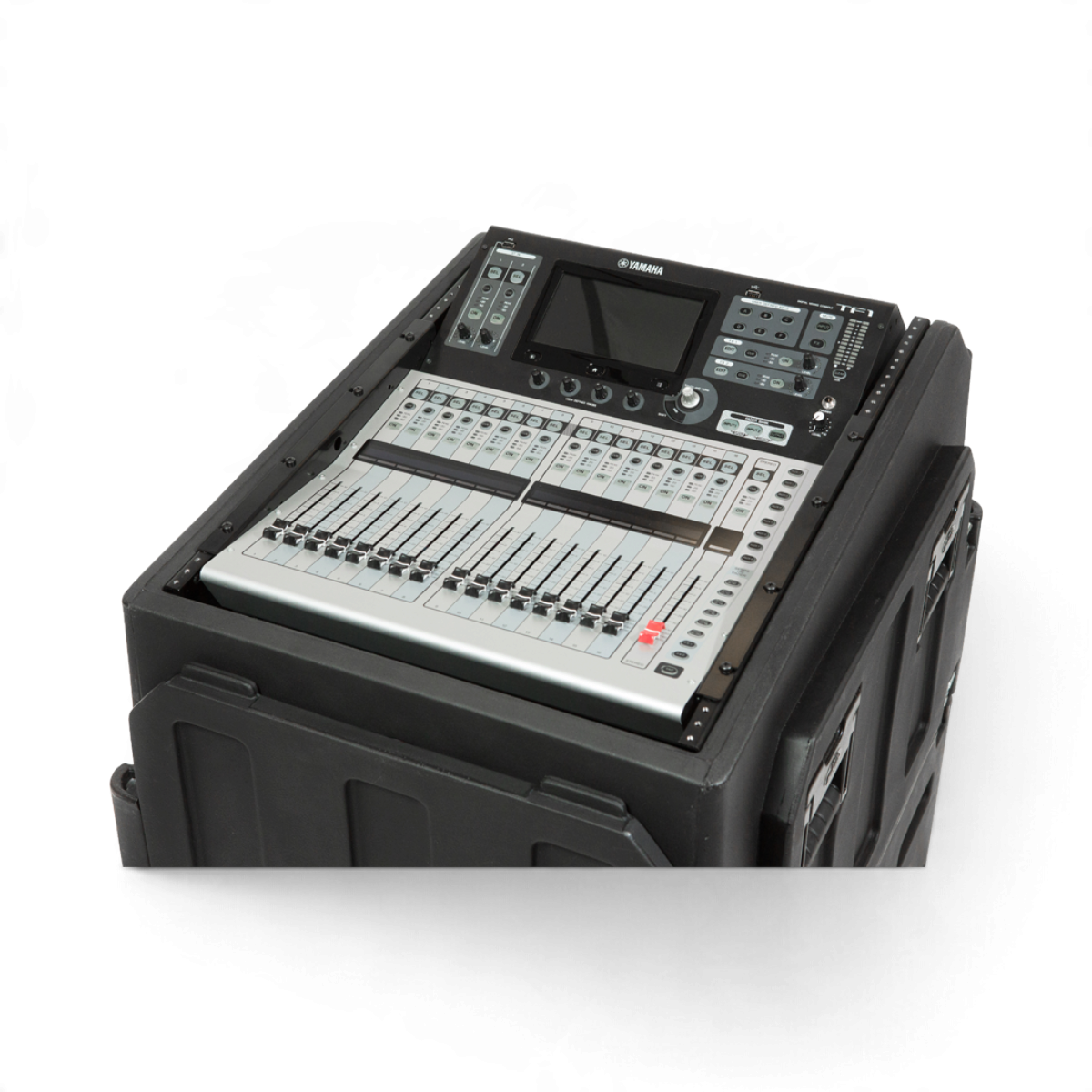 SKB Cases steel rack ears mounting a Yamaha TF1 mixer into a black gig case for secure transport and setup.