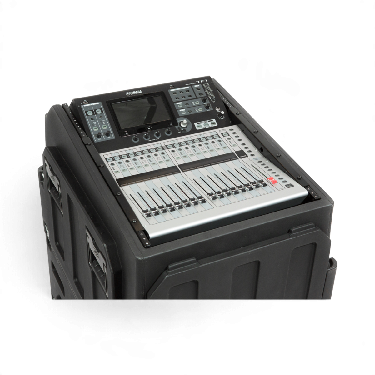 SKB Cases steel rack ears mounting a Yamaha TF1 digital mixer into a black gig case for secure transport