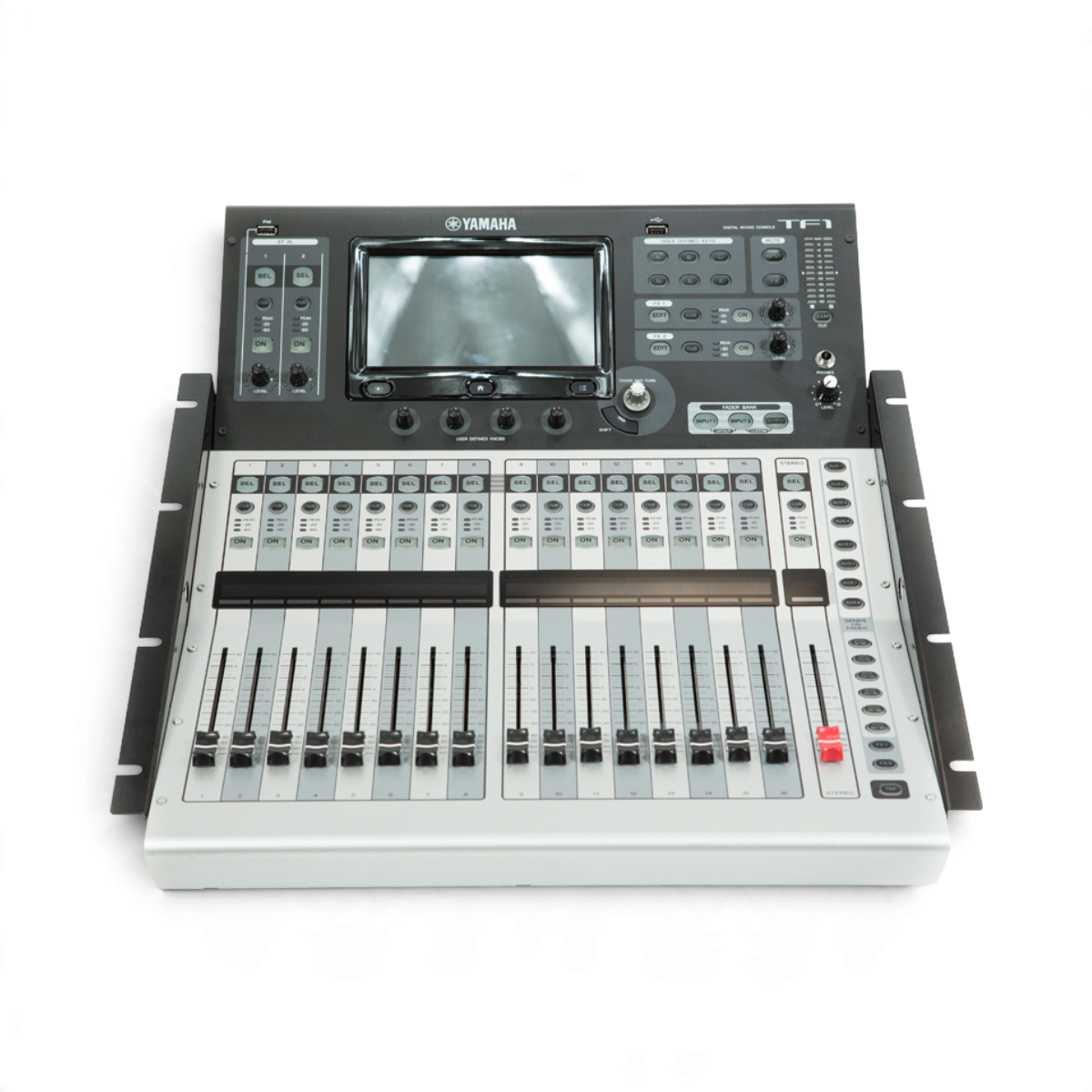 SKB Cases steel rack ears attached to a Yamaha TF1 digital mixer for secure mounting in compatible flight cases