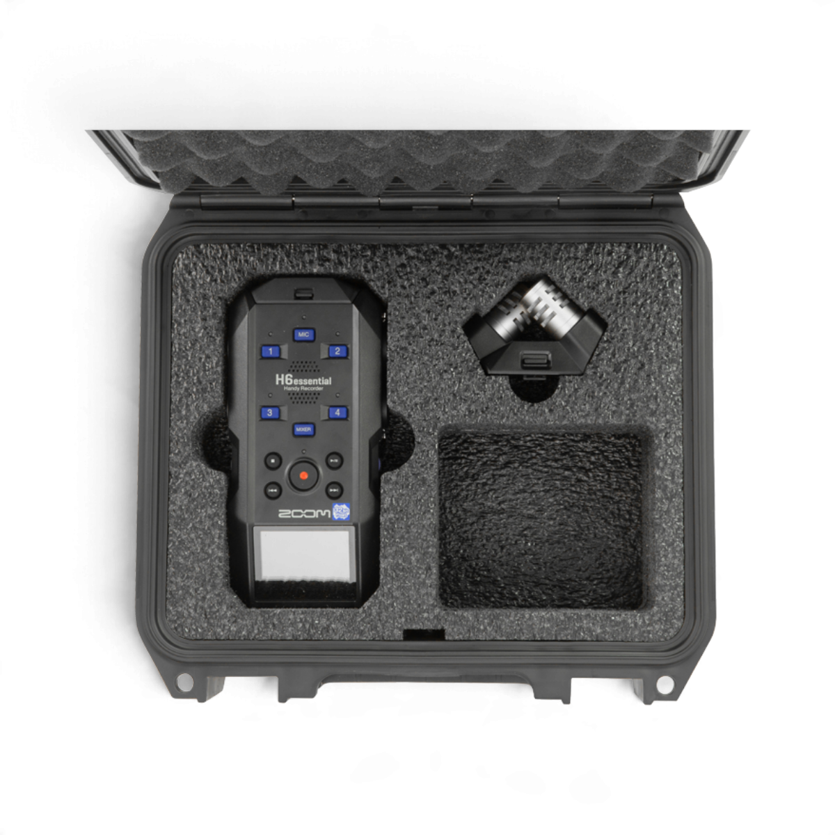 SKB Cases iSeries waterproof hard case with custom foam interior holding a Zoom H6essential recorder and mic capsule.