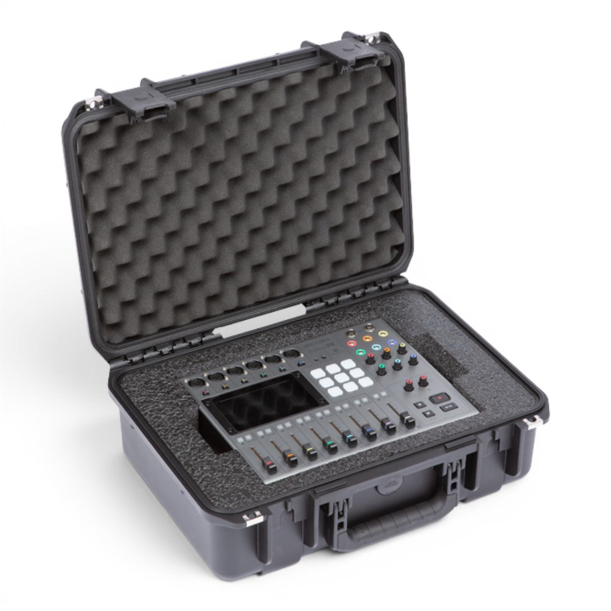 SKB Cases iSeries waterproof hard case with custom foam interior holding a Zoom PodTrak P8 audio recorder